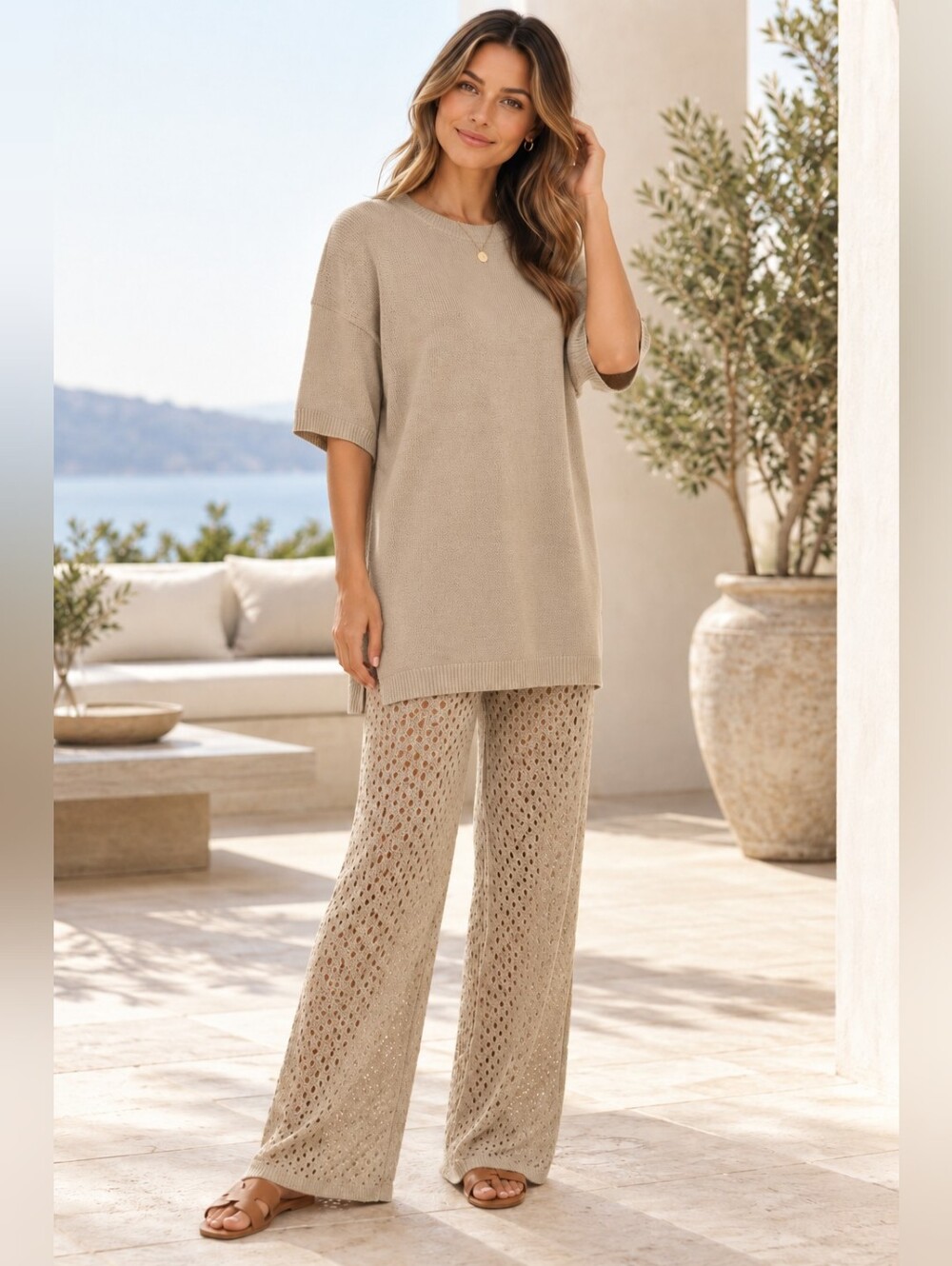 Beige Knit Lounge Sweater & Crochet Wide-Leg Pants Set         NWOT     Y83